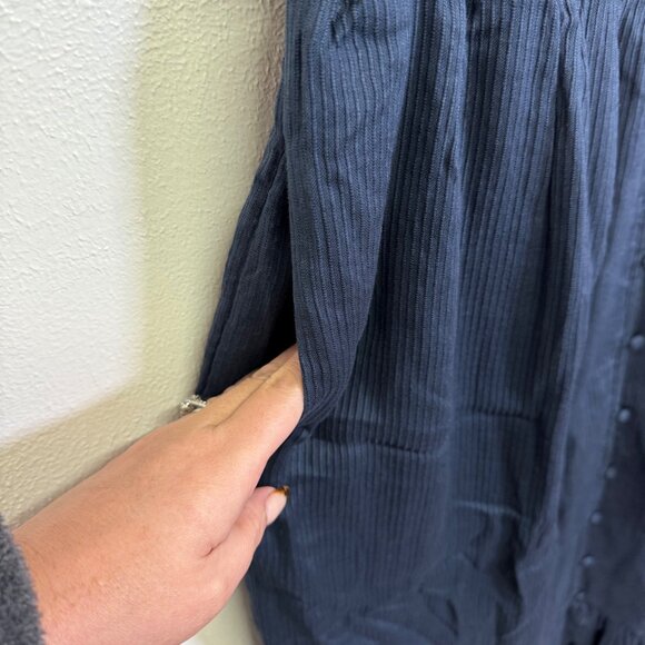 Quince Dress Organic Textured Cotton Smocked V-Neck Midi Blue Womens L - Picture 11 of 12